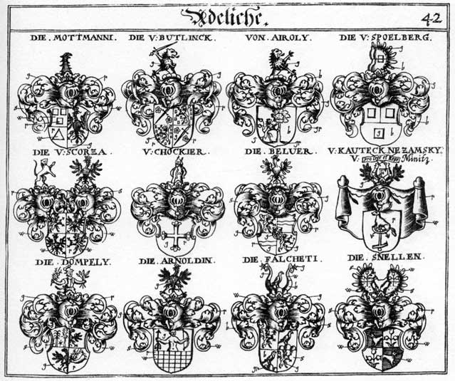 Coats of arms of Airolus, Arnoldin, Belver, Buttlinck, Chockier, Dompeli, Falcheti, Kautecknezamsky, Mottmanni, Putlinck, Puttlingen, Schwalben, Scorza, Snellen, Speelbergk