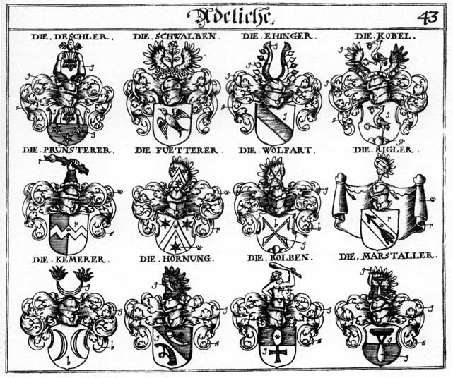 Coats of arms of Descher, Echard, Eckhardt, Ehinger, Horning, Hornung, Kobel, Kolben, Marstaller, Rigler, Wolfart, Wolffart