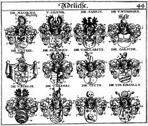 Coats of arms of Borville, Burloe, Cotte, Garoche, Gillabotz, Grembs, Macarius, Panesy, Savenir, Steel, Wyningen