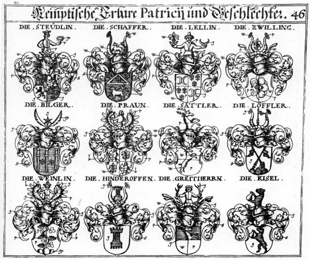 Coats of arms of Bilger, Braun, Graffen, Greitherren, Hinderoffen, Kisel, Lellin, Loessler, Lössler, Praun, Praunen, Sattler, Schaffer, Steidlin, Steudlin, Weinlein