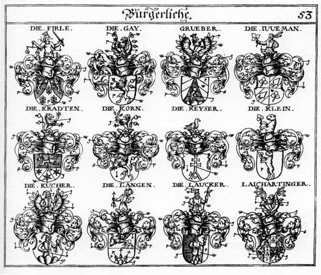 Coats of arms of Firle, Gay, Gruber, Grueber, Juvemann, Klein, Korn, Kradten, Kucher, Laichartinger, Lang, Langen, Laucker
