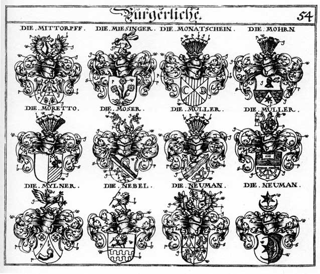 Coats of arms of Miesinger, Miller, Mittorof, Mohren, Monatschein, Moretto, Moser, Mosser, Müller, Mullner, Myller, Mylner, Nebel, Neumann, Neumanner