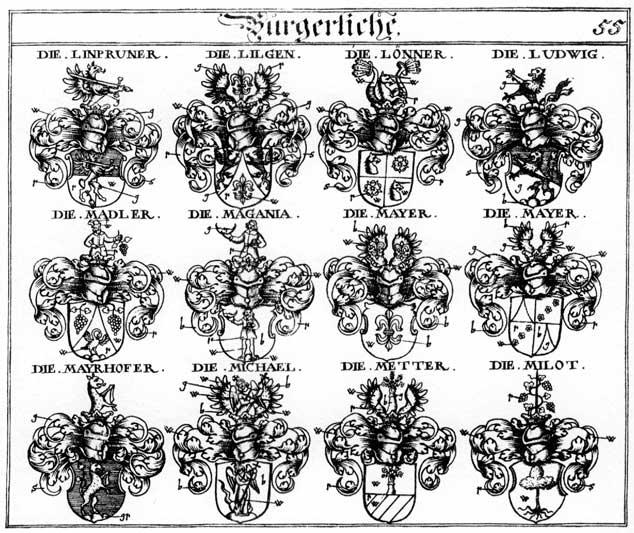 Coats of arms of Loenner, Lönner, Ludwig, Ludwigen, Madler, Maegania, Mair, Majer, Mayer, Mayr, Mayrhofer, Mejer, Metter, Michaël, Milot