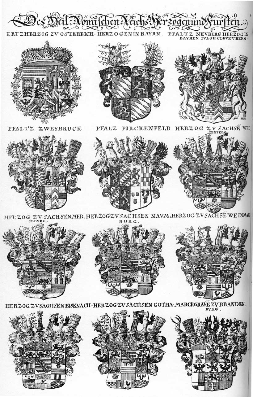 Coats of arms of Brandenburg HF, Pfaltz- Pirckenfeld, Pfaltz-Zweibruck, Sachsen Eisenach, Sachsen HF, Sachsen-Gotha, Sachsen-Merseburg, Sachsen-Naumburg, Sachsen-Weinmar, Sachsen-Weisensels
