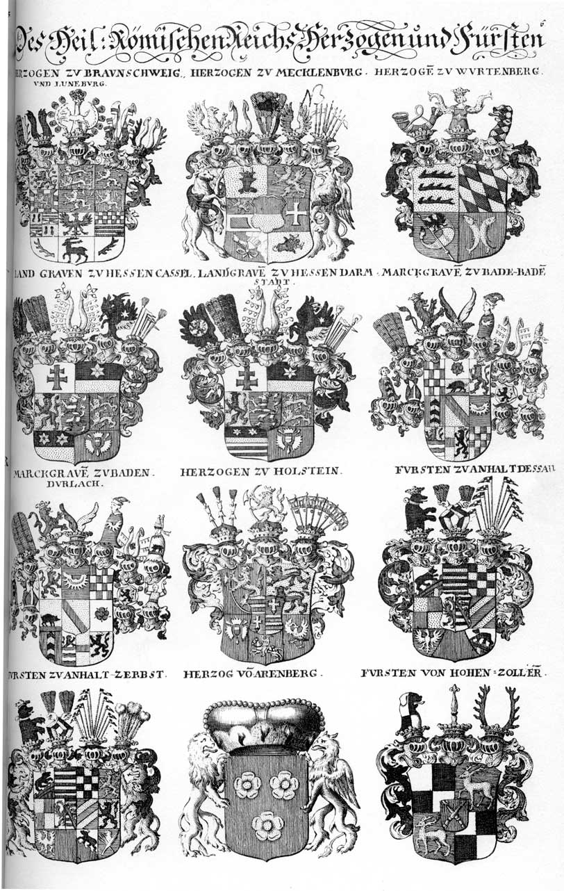 Coats of arms of Anhalt HF, Arenberg HF, Baden, Braunschweig - Luneburg HF, Hessen-Cassel, Hessen-Darmstadt Lgr, Hohenzollern HF, Holstein FH, Mechelburg HF, Meckhelburg HF, Mecklenburg HF, Wirtemberg FH, Würtemberg FH