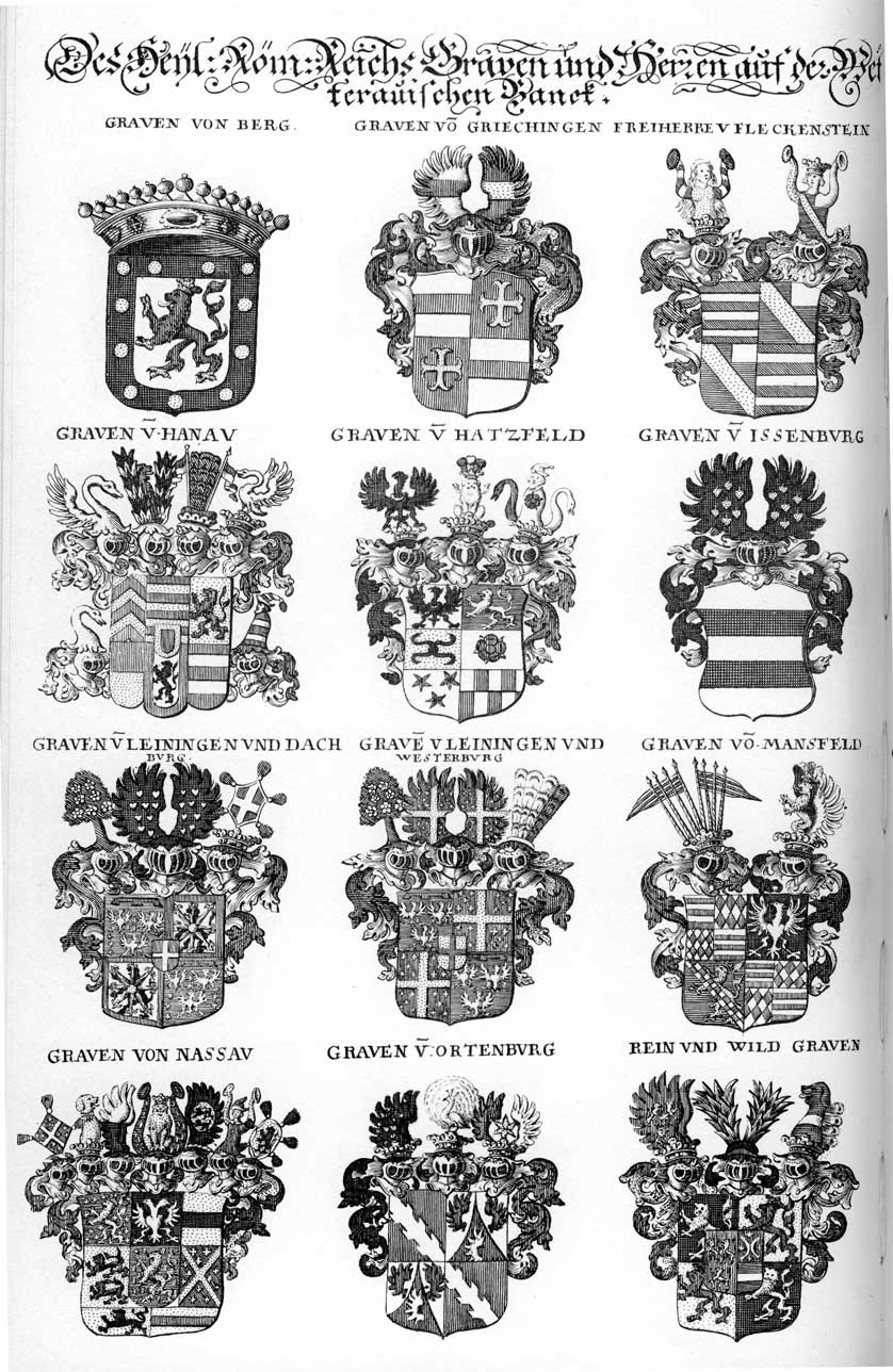 Coats of arms of Bayrn HF, Berg, Fleckenstein FH, Griechingen, Hanau, Hatzfeldt, Leiningen, Mansfeld, Nassau, Ortenburg, Rein-und Wild-Graven, Reingravcn, Rheingraven
