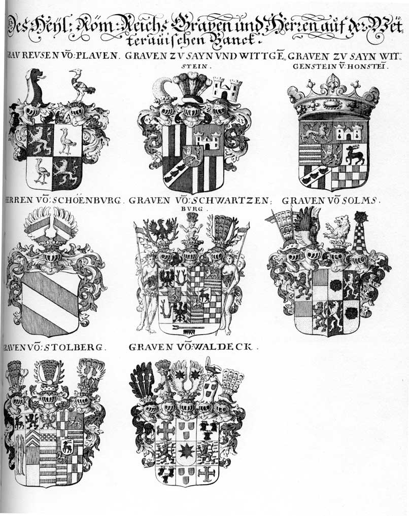 Coats of arms of Sayn, Schönberg FH, Solms G, Stollberg, Waldeck, Wittgenstein