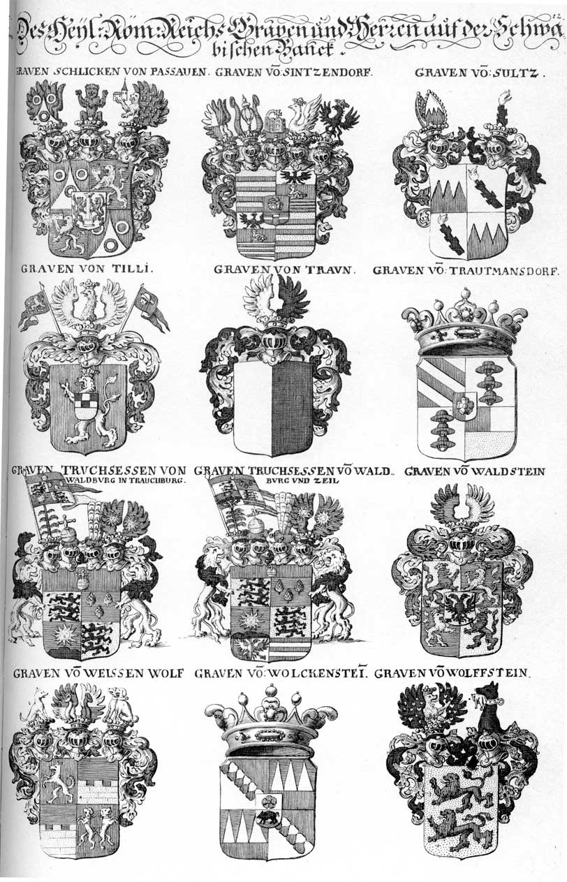 Coats of arms of Schlicken, Sintzendorf, Sultz, Tilli, Traun, Truchsessen, Trutmansdorff, Waldstein, Weissenwolf, Wolckenstein, Wolfstein