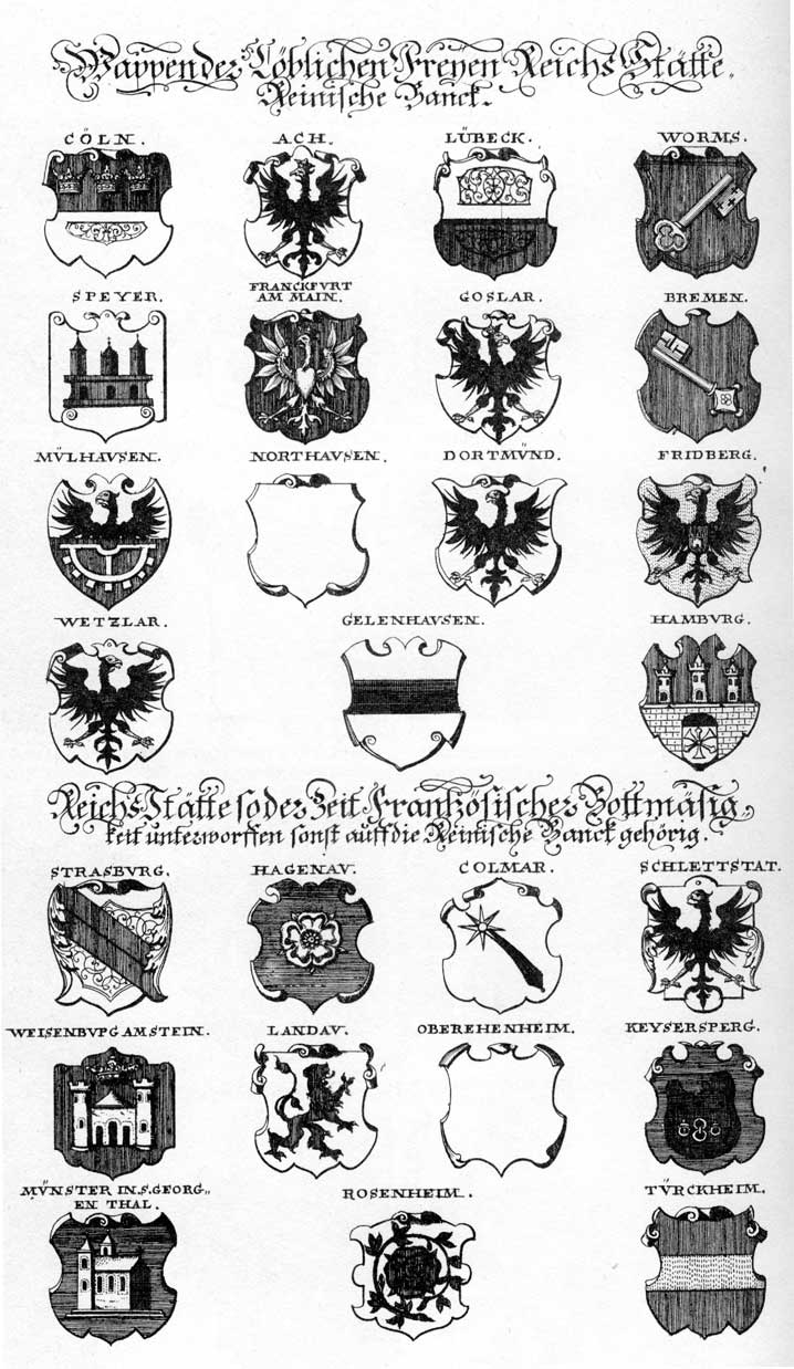 Coats of arms of Aach, Ach, Bremen, Colmar, Cöln, Dortmundt, Franckfurt am Mayn, Fridberg, Gelenhausen, Gosslar, Hagenau, Hamburg, Kaisersberg, Keysersberg, Landau, Landtau, Lübeck, Mülhaufen, Münster, Northausen, OberEhenheim, Rosenheim, Schlettstadtt, Speyr, Strasburg, Türckheim, Weisenburg, Wetzlar, Wormbs