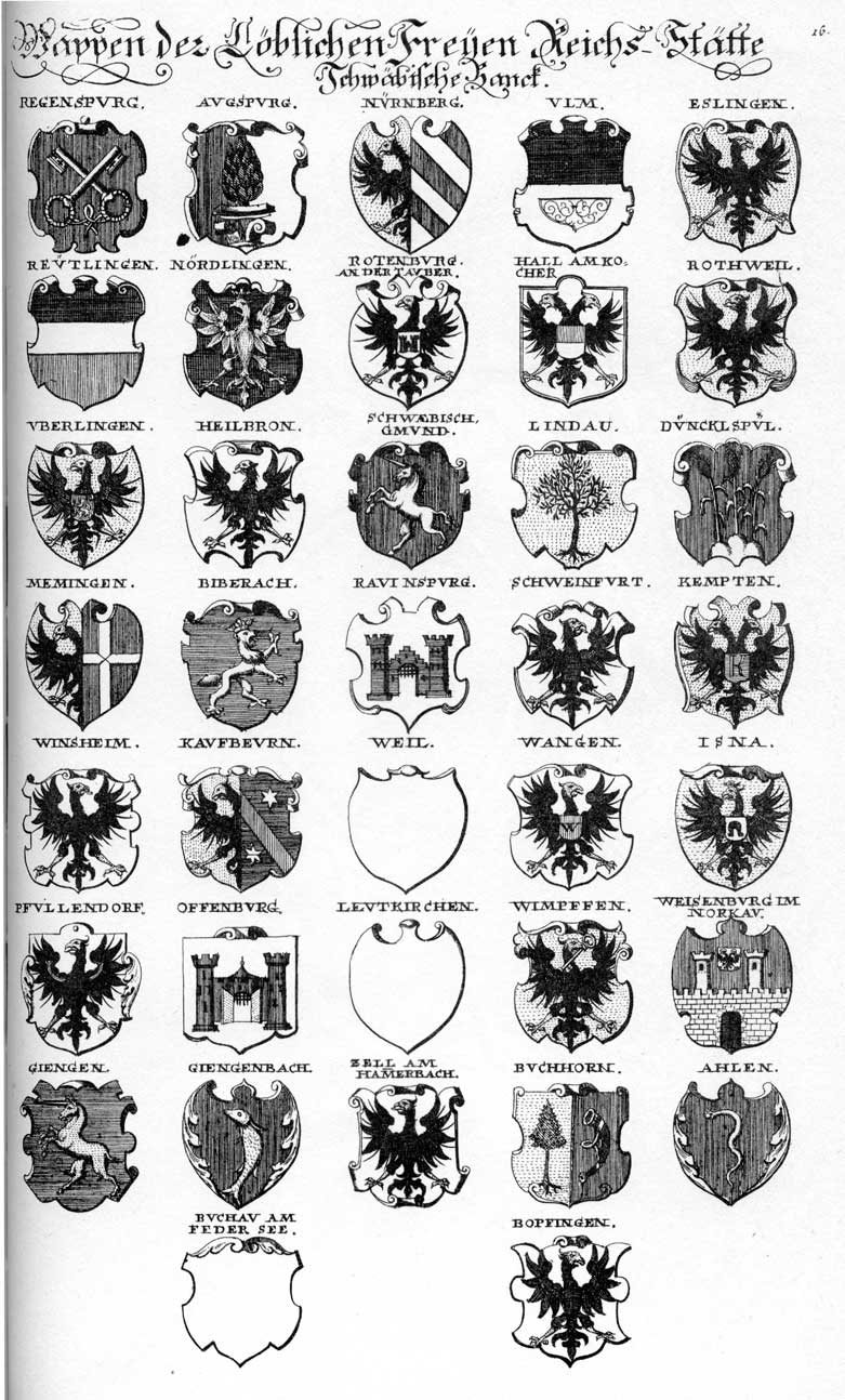 Coats of arms of Ahlen, Augspurg, Biberach, Buchau, Buchhorn, Dinckelspiel, Düncklspul, Esslingen, Giengen, Giengenbach, Hall, Heilbron, Isna, Kauffbeurn, Kempten, Leutkirchen, Lindaw, Memmingen, Noeerdlingen, Nördlingen, Nürnberg, Offenburg, Pfullendorff, Regenspurg, Reutlingen, Rotenburg, Rothweil, Rottweil, Schweinfurt, Uberlingen, Ulm, Wangen, Weil, Weisenburg, Wimpfen, Windshaimb, Winsheim, Zell