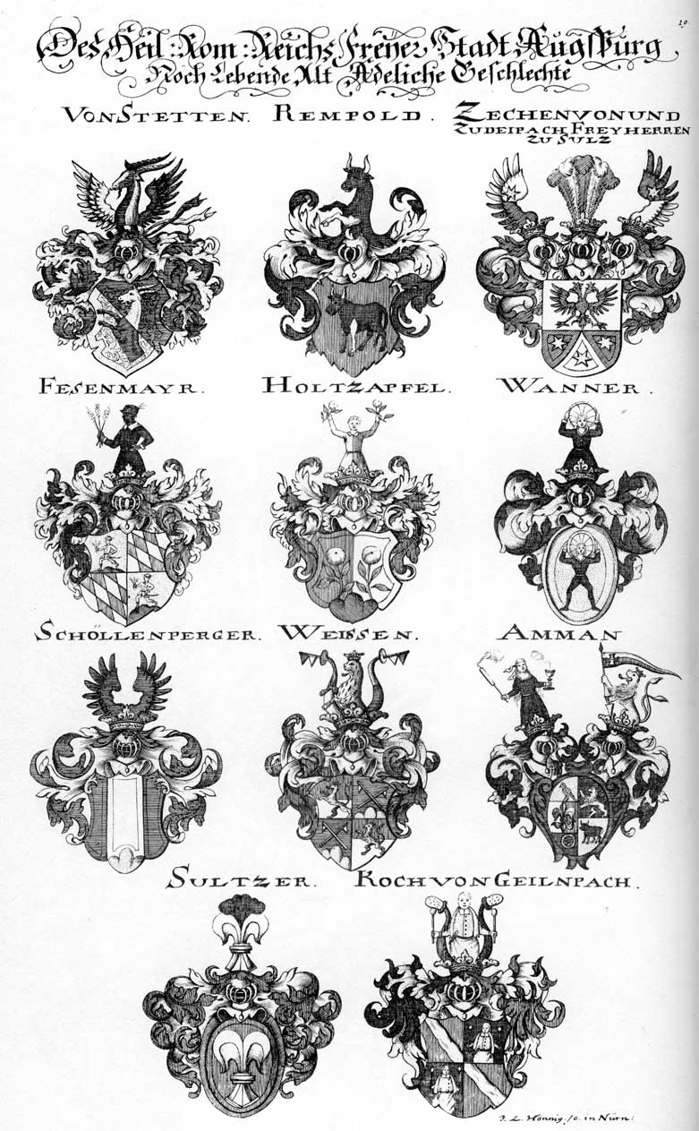 Coats of arms of Aman, Amman, Ammon, Fessenmayr, Holtzapfel, Kach, Koch, Schöllenperger, Suitzer, Wanner, Weisen, WeisS Weysen, Weissen, Zächen, Zechn