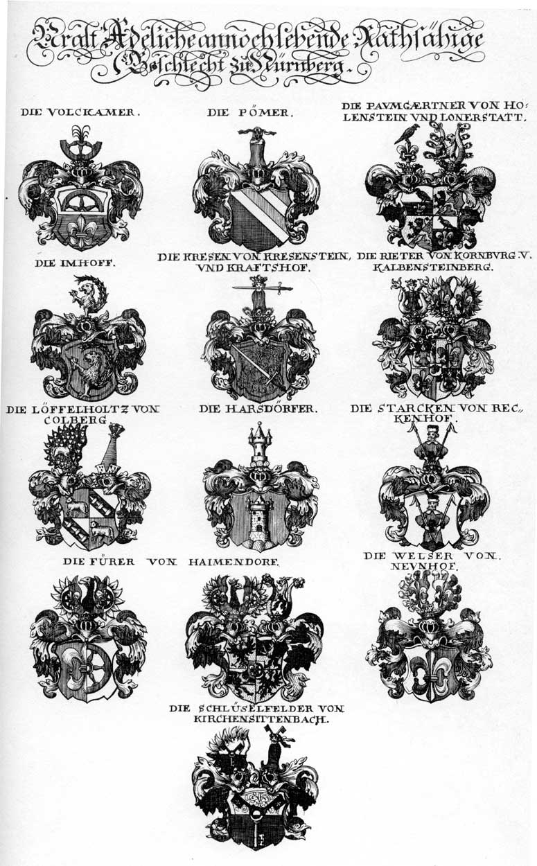 Coats of arms of Baumgartner, Führer, Harsdörfer, Imhoff, Loesselholz, Lösselholtz, Paemer, Paumgartner, Pömer, Rieder, Rieter, Schlüsselfelder, Starck, Starcken, Volckamer, Welser