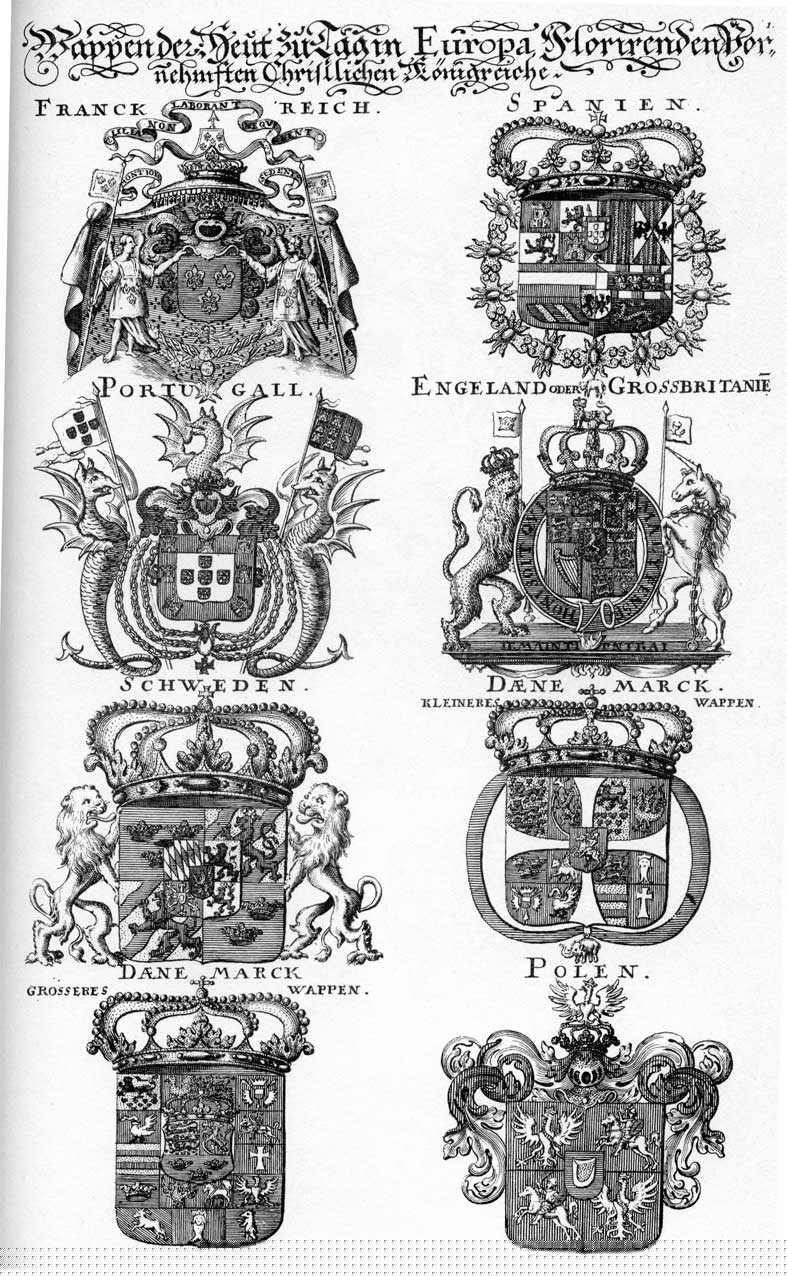 Coats of arms of Dennemarck K, Engeland K, Hispanien K, Polen K, Portugall, Schweden K, Spanien K