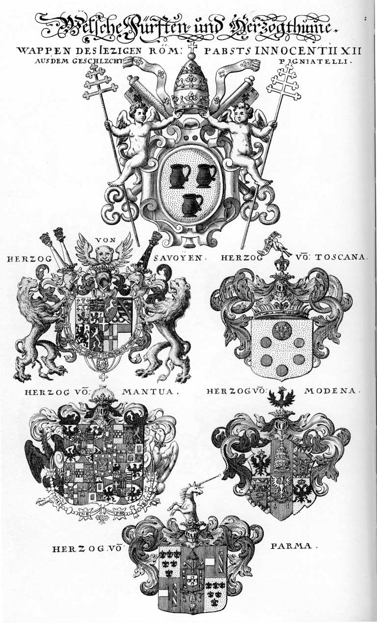 Coats of arms of Mantua, Modena, Parma HF, Saphoya HF, Savoyen HFst, Toscana